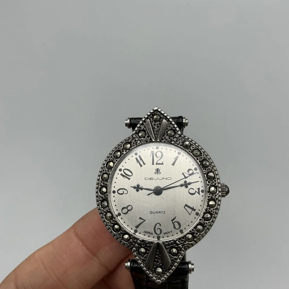 Dejuno Womens Watch 31mm Silver Tone Black Leather Dress Classic New Battery